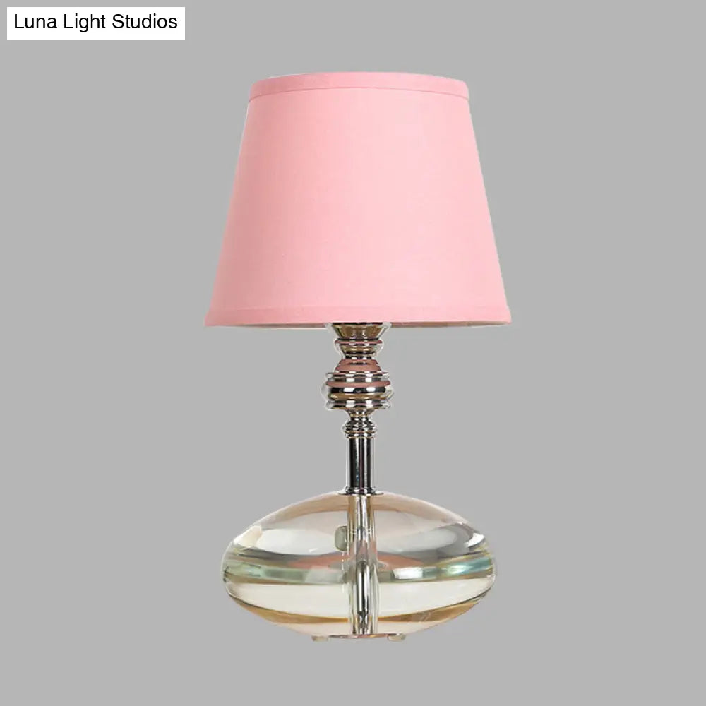 Conical Pink Fabric Night Lamp With Crystal Base - Lodge Nightstand Light