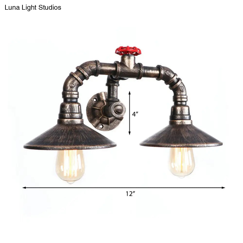 Conical Rustic Iron Wall Sconce With Industrial Pipe And Valve - 2-Light Farmhouse Fixture In