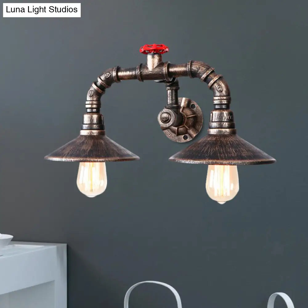 Conical Rustic Iron Wall Sconce With Industrial Pipe And Valve - 2-Light Farmhouse Fixture In