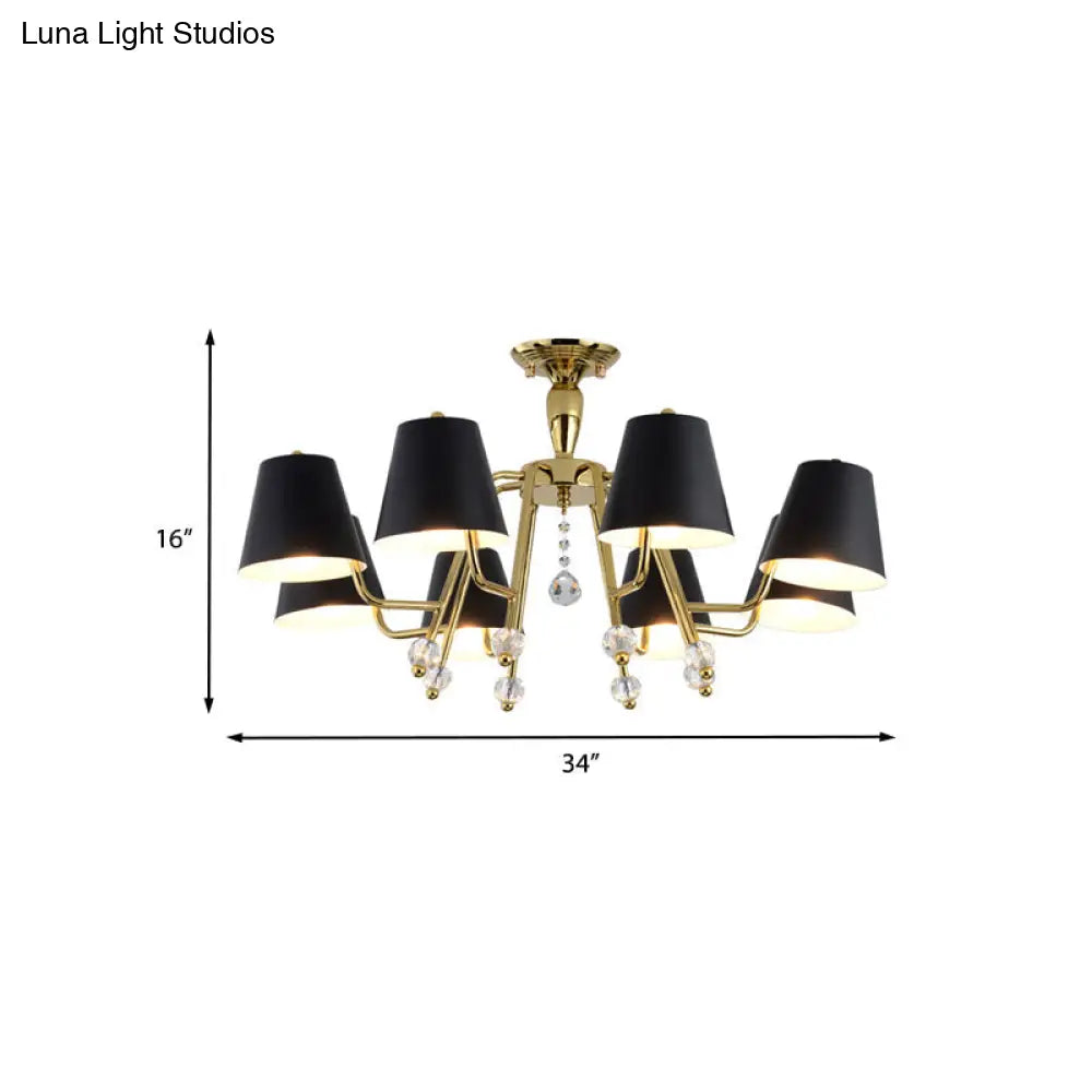 Conical Semi-Mount Black 6/8-Light Ceiling Light With Crystal Orb Accent For Living Room