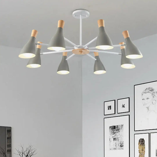 Conical Shade Hanging Chandelier With 8 Bulbs - Simple Style Metal Ceiling Lamp For Living Room Grey