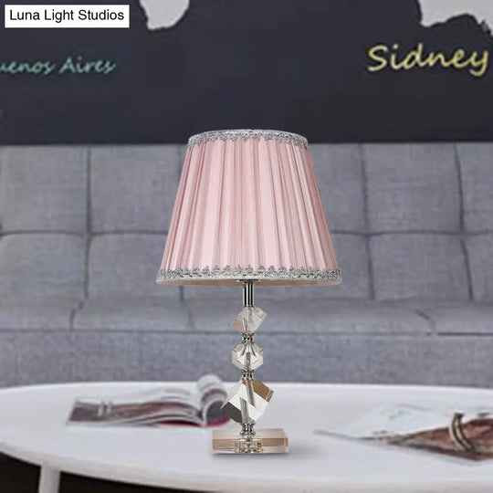 Conical Table Lamp: Pink Fabric Countryside 1-Light Night Light With Crystal Base For Bedroom