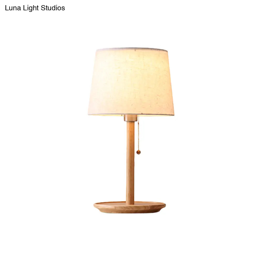 Conical Table Light: Modern Fabric Desk Lamp In Red Brown/Wood With Pull Chain