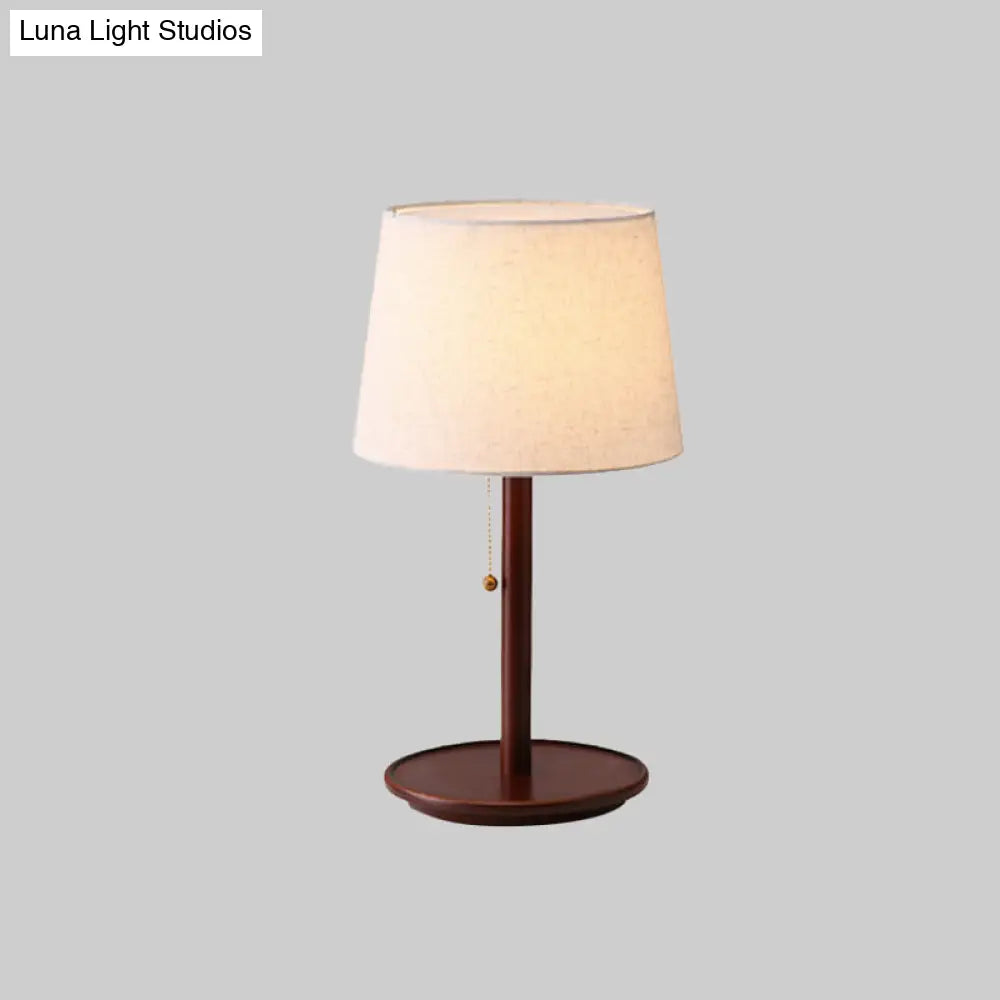 Conical Table Light: Modern Fabric Desk Lamp In Red Brown/Wood With Pull Chain