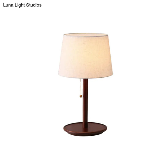 Conical Table Light: Modern Fabric Desk Lamp In Red Brown/Wood With Pull Chain