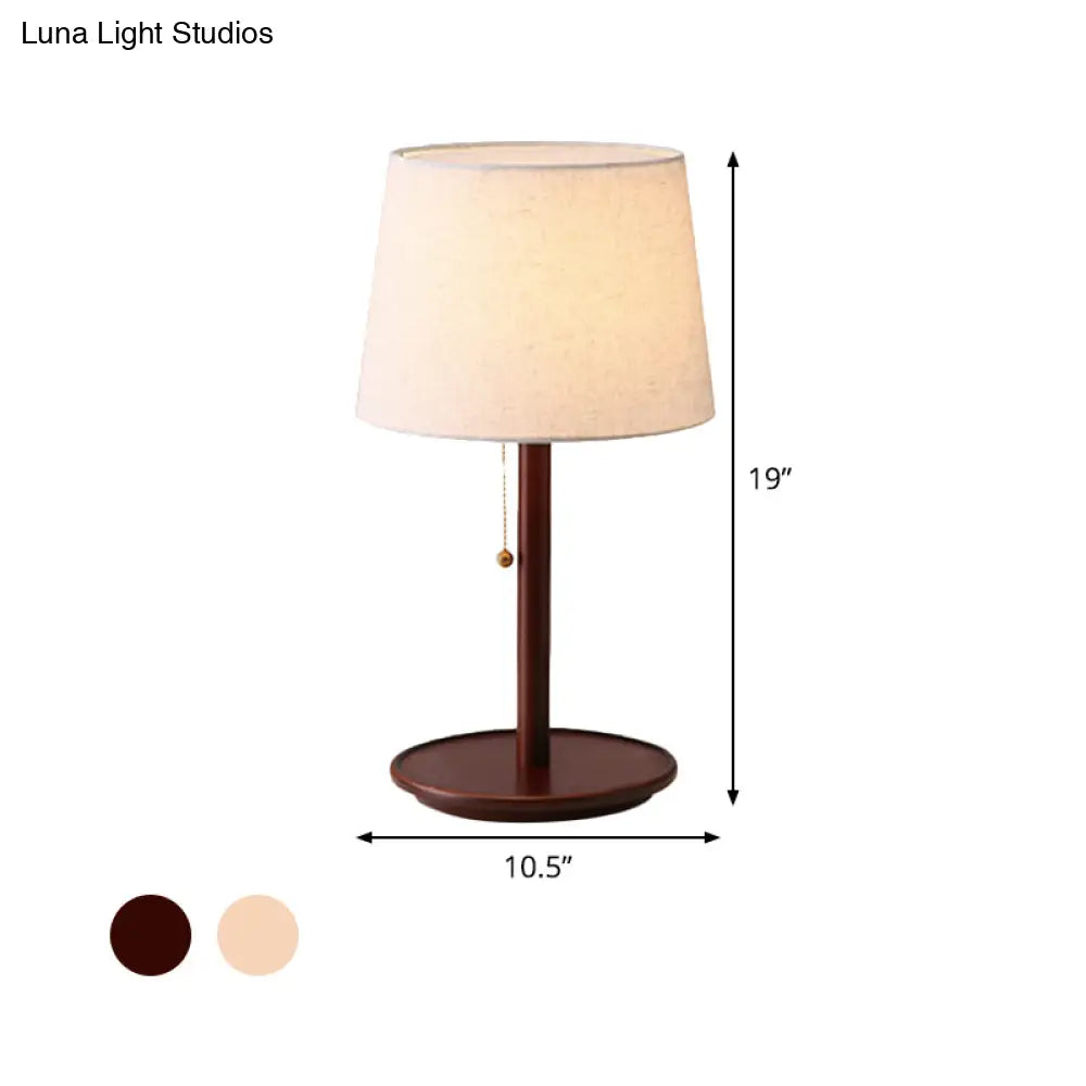 Conical Table Light: Modern Fabric Desk Lamp In Red Brown/Wood With Pull Chain