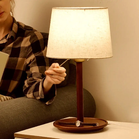 Conical Table Light: Modern Fabric Desk Lamp In Red Brown/Wood With Pull Chain Brown