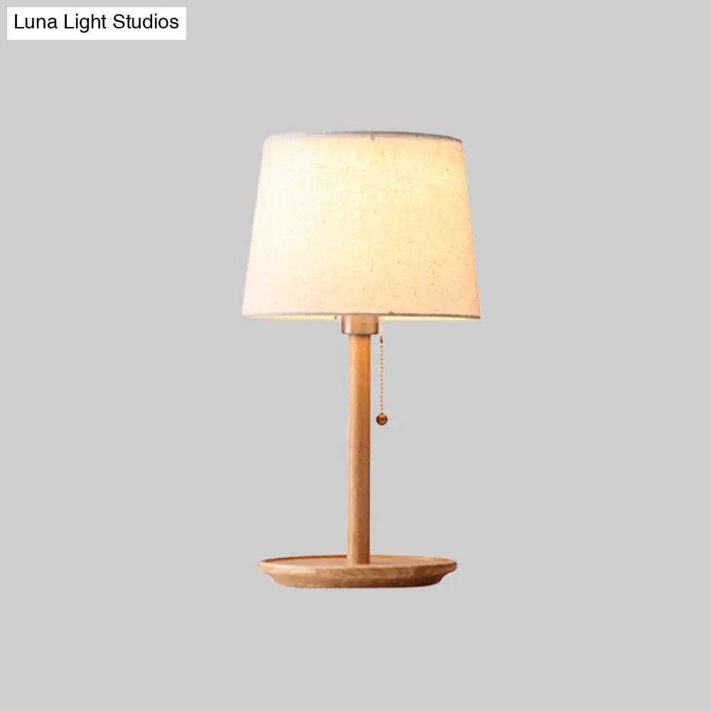 Conical Table Light: Modern Fabric Desk Lamp In Red Brown/Wood With Pull Chain