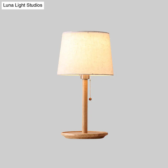 Conical Table Light: Modern Fabric Desk Lamp In Red Brown/Wood With Pull Chain