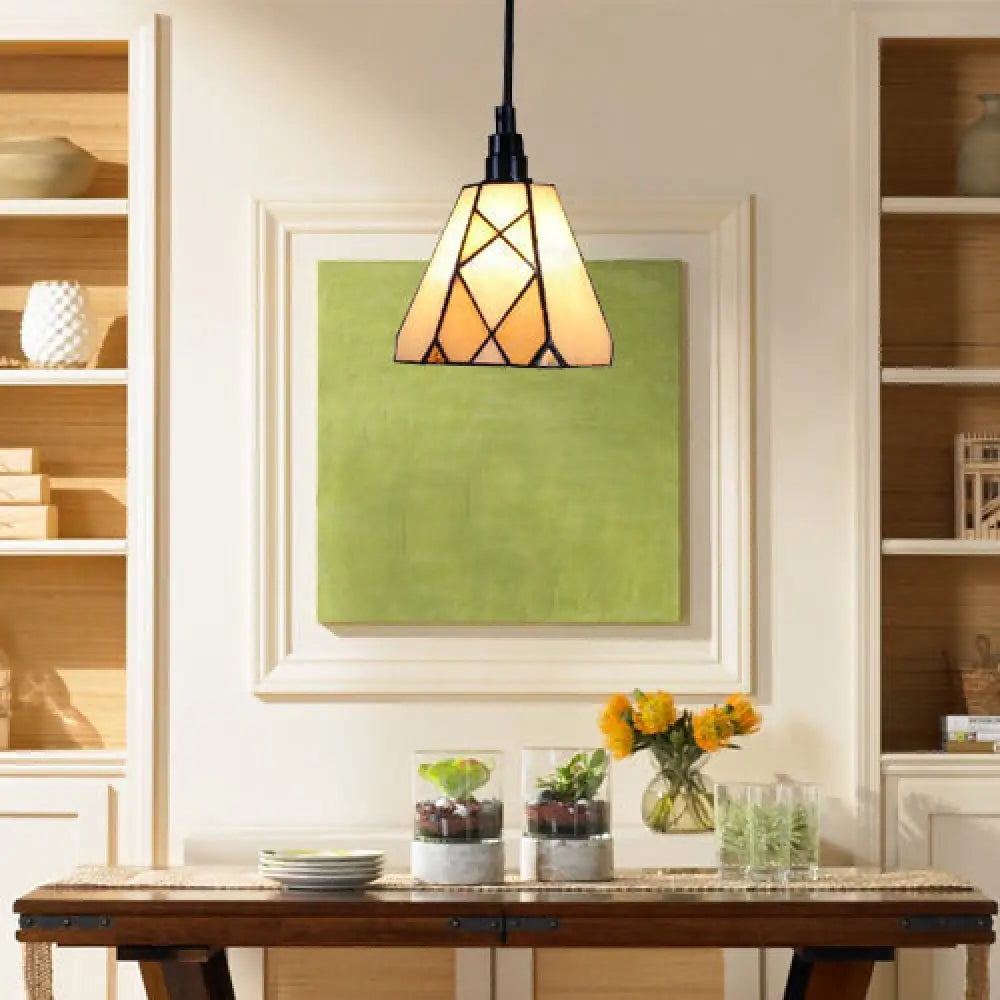 Conical Tiffany Cut Glass Pendant Light Fixture With White Down Mini For Dining Room