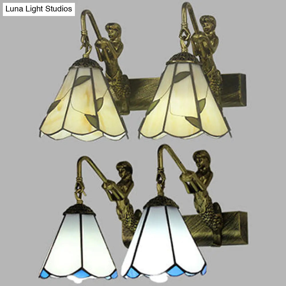 Conical Vanity Sconce Lighting With 2-Headed White/Beige Glass Tiffany Wall Mounted Light And