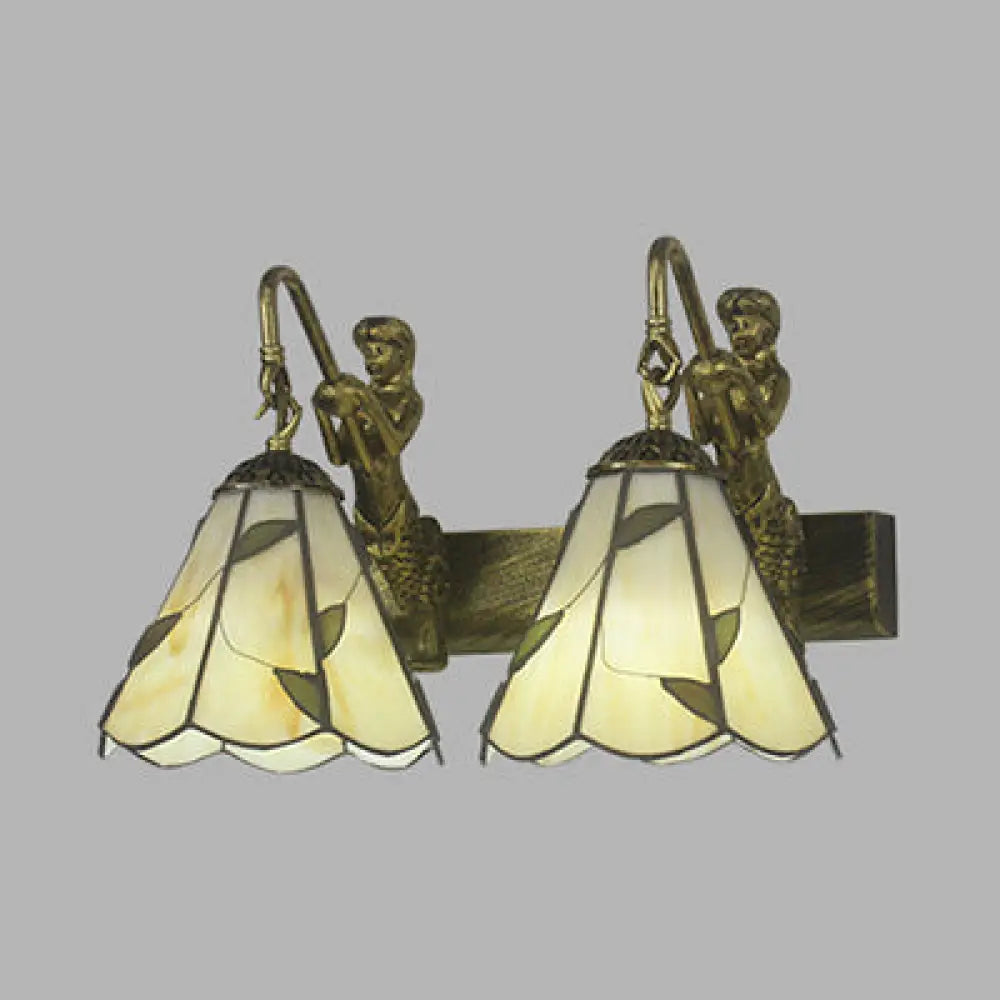 Conical Vanity Sconce Lighting With 2-Headed White/Beige Glass Tiffany Wall Mounted Light And