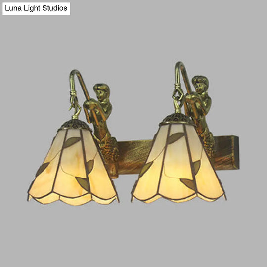 Conical Vanity Sconce Lighting With 2-Headed White/Beige Glass Tiffany Wall Mounted Light And