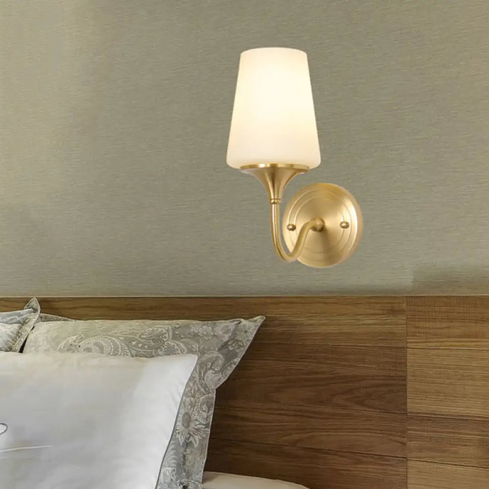 Contemporary 1/2-Bulb White Glass Wall Sconce Lighting With Brass Cone Shade For Bedroom 1 /