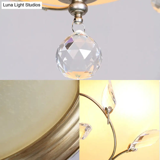 Contemporary 1-Light Ceiling Lamp With Frosted Glass Shade Crystal Accents And Nickel Dome Flush