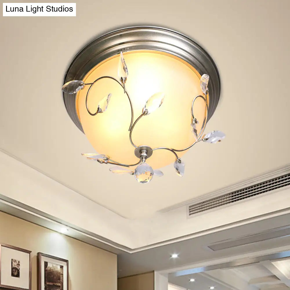 Contemporary 1-Light Ceiling Lamp With Frosted Glass Shade Crystal Accents And Nickel Dome Flush