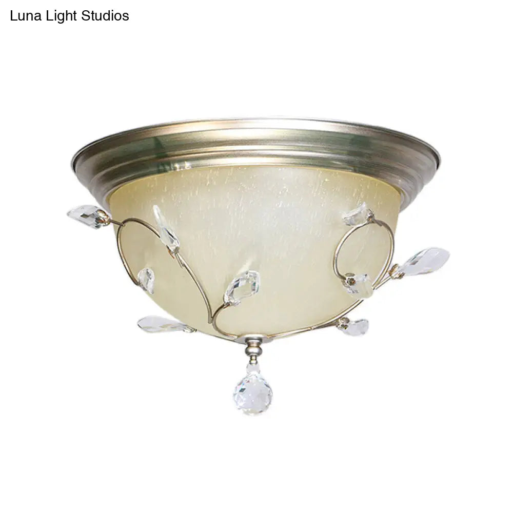 Contemporary 1-Light Ceiling Lamp With Frosted Glass Shade Crystal Accents And Nickel Dome Flush