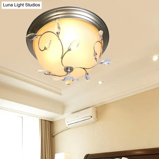 Contemporary 1-Light Ceiling Lamp With Frosted Glass Shade Crystal Accents And Nickel Dome Flush