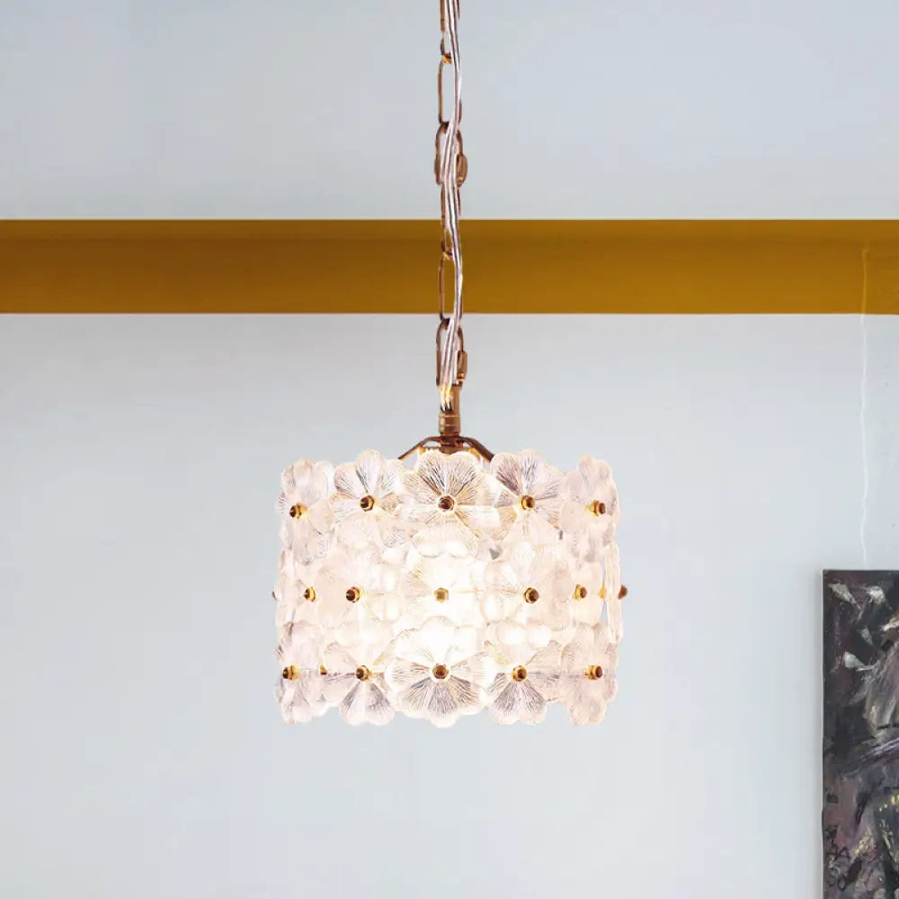 Contemporary 1-Light Drum White Floral Glass Hanging Light Kit - Brass Ceiling Pendant