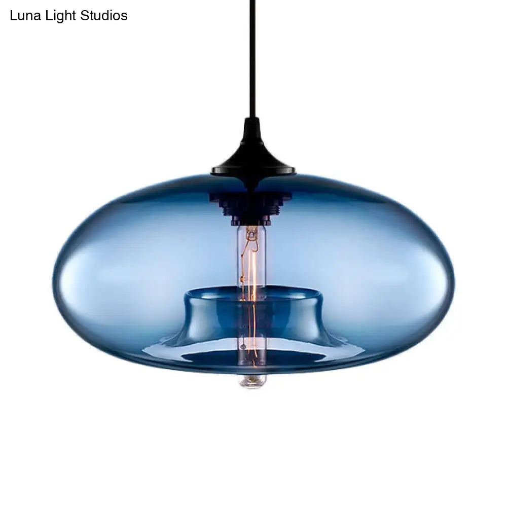 Contemporary 1-Light Oval Glass Hanging Lamp - Red/Brown/Blue Ceiling Light Dark Blue