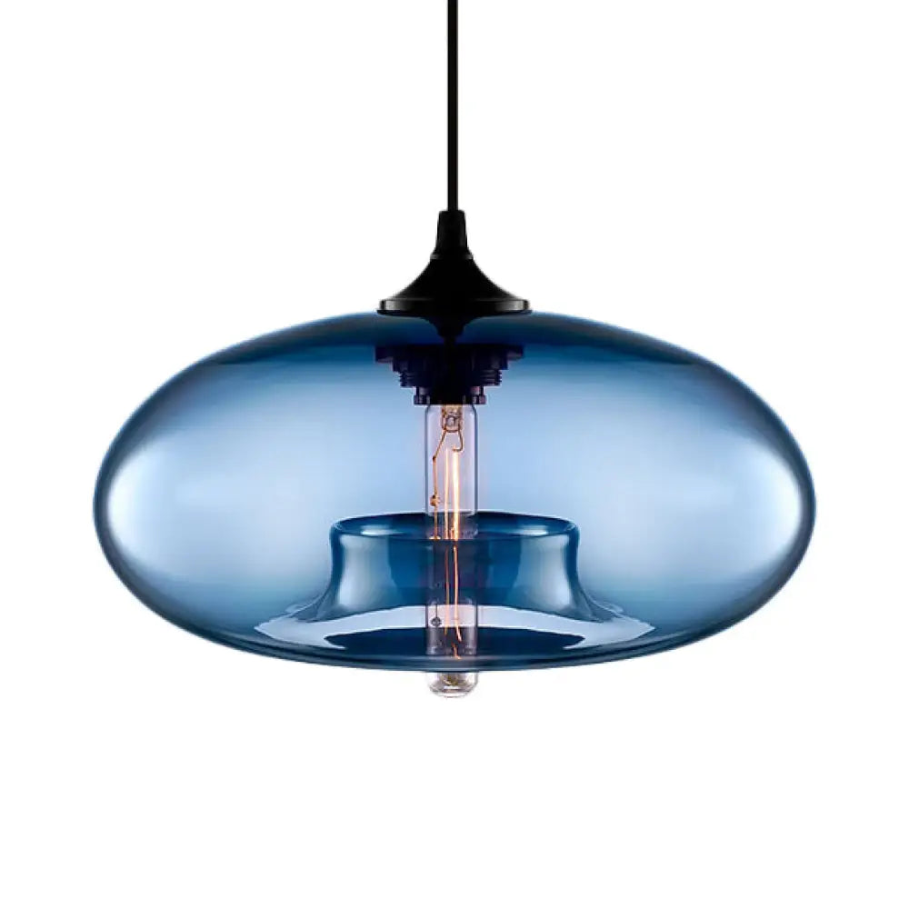 Contemporary 1-Light Hanging Ceiling Lamp With Oval Glass Shade In Red/Brown/Blue Dark Blue