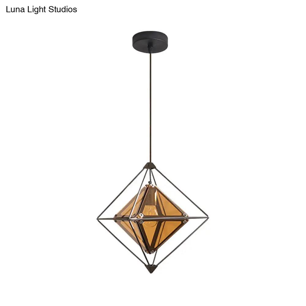 Contemporary 1-Light Pendant With Amber/Smoke Gray Glass Shade - Polygon Ceiling Lamp Black/Gold