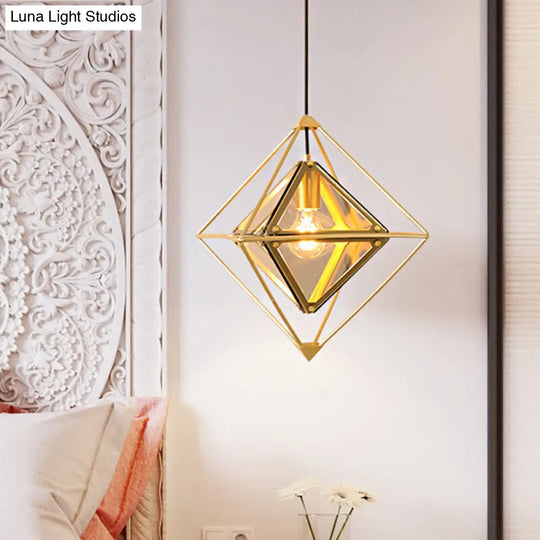 Polygon Ceiling Lamp With Amber/Smoke Glass Shade - Modern Pendant Light Black/Gold Frame Gold /