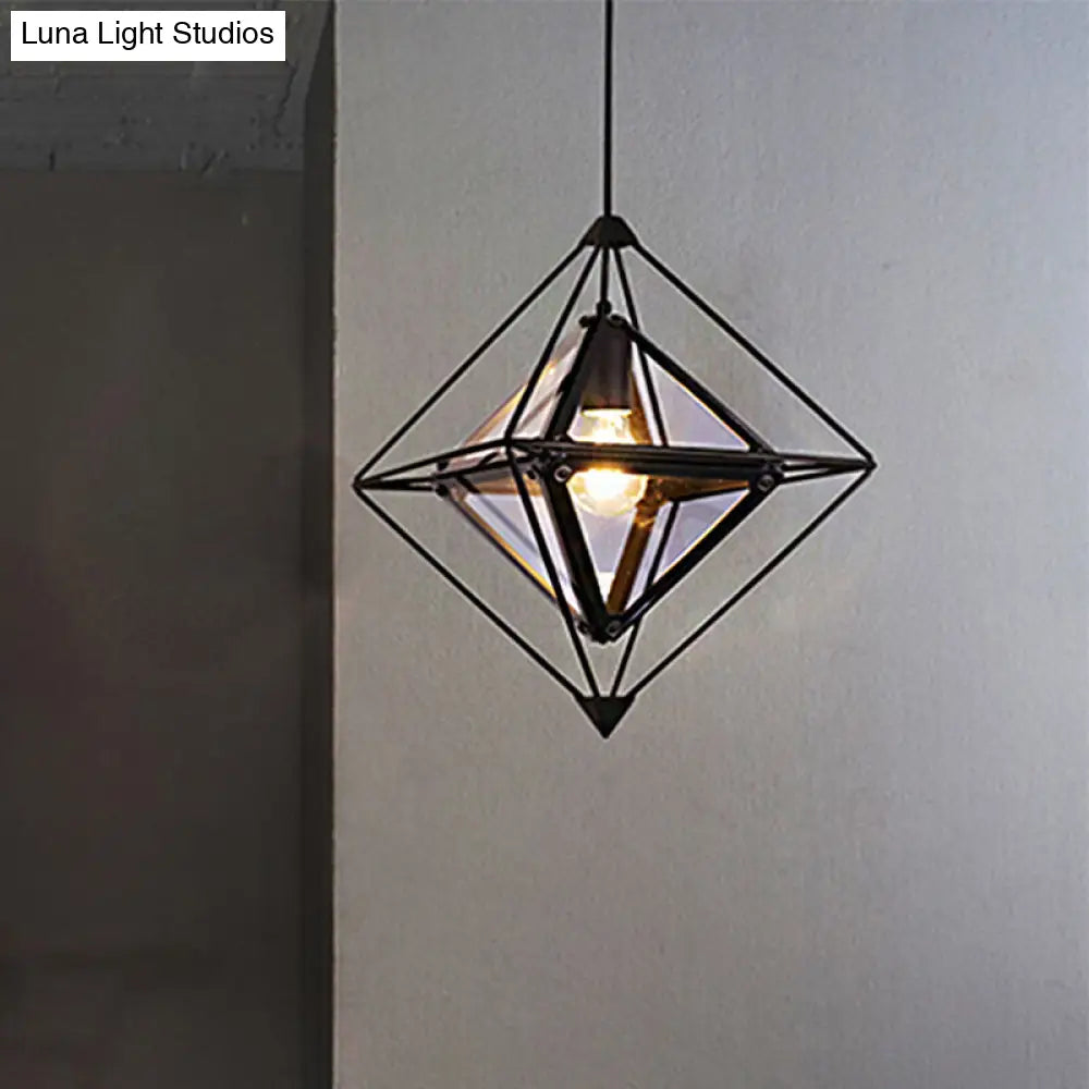 Polygon Ceiling Lamp With Amber/Smoke Glass Shade - Modern Pendant Light Black/Gold Frame