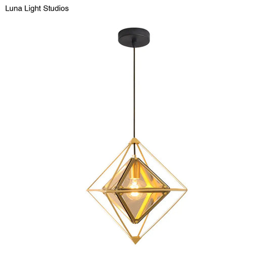 Polygon Ceiling Lamp With Amber/Smoke Glass Shade - Modern Pendant Light Black/Gold Frame