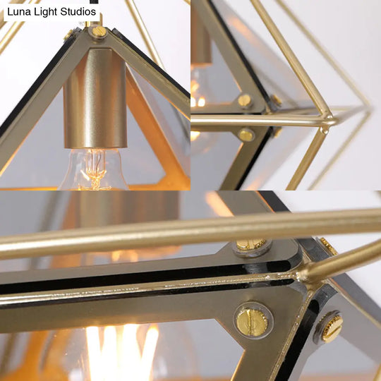 Contemporary 1-Light Pendant With Amber/Smoke Gray Glass Shade - Polygon Ceiling Lamp Black/Gold