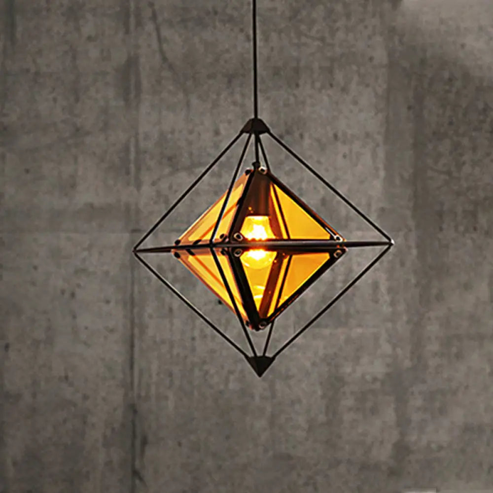 Contemporary 1-Light Pendant With Amber/Smoke Gray Glass Shade - Polygon Ceiling Lamp Black/Gold