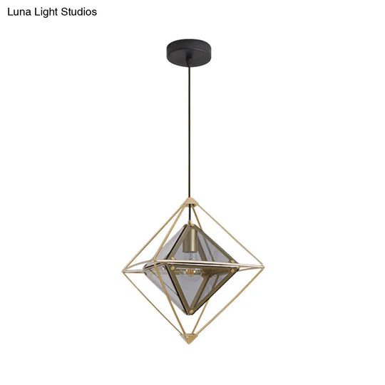 Polygon Ceiling Lamp With Amber/Smoke Glass Shade - Modern Pendant Light Black/Gold Frame