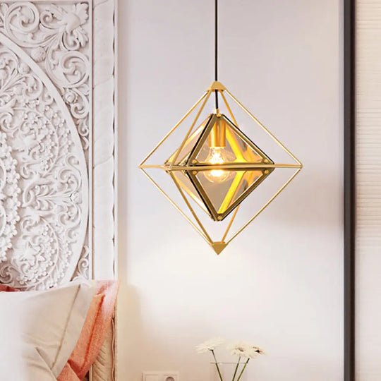 Contemporary 1-Light Pendant With Amber/Smoke Gray Glass Shade - Polygon Ceiling Lamp Black/Gold