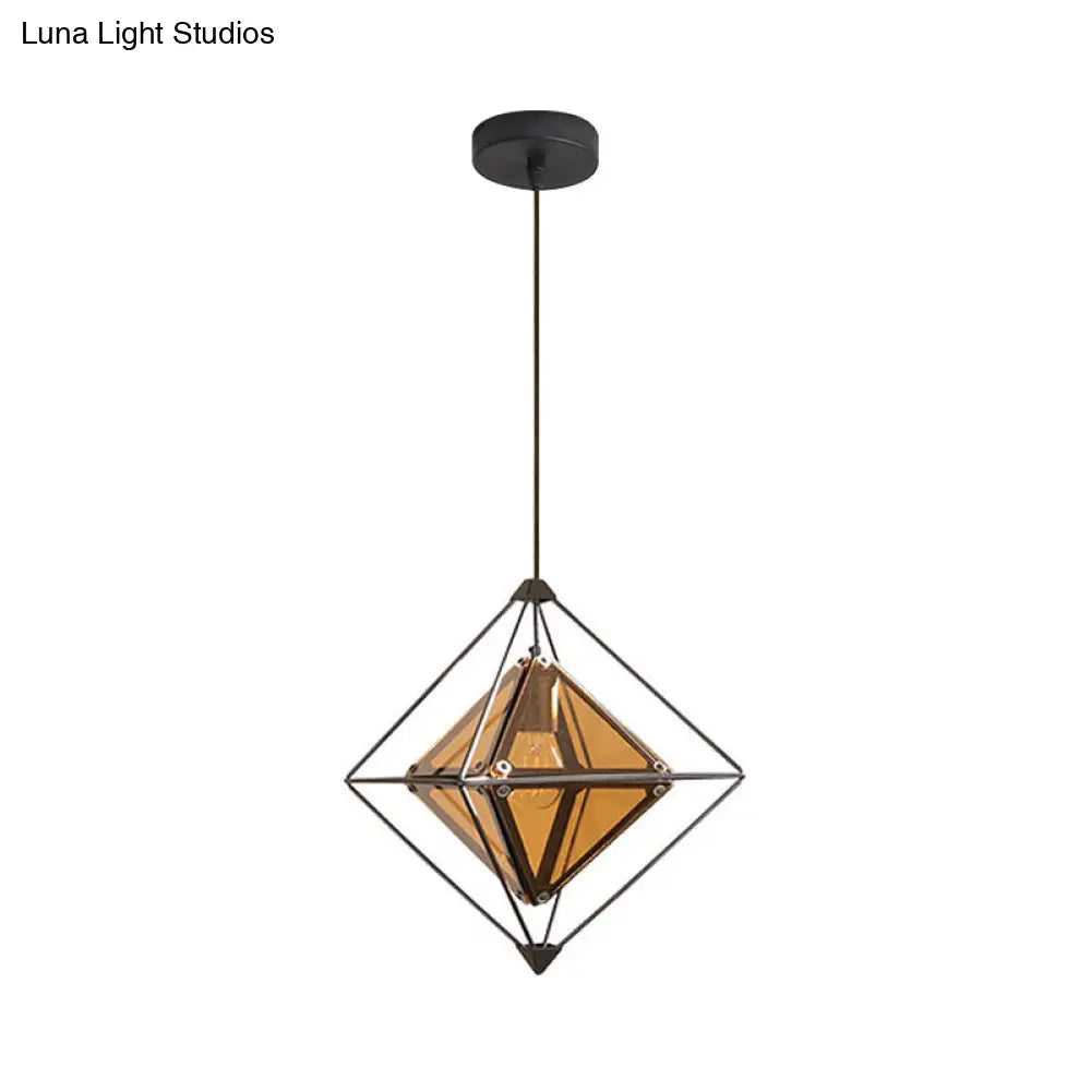 Polygon Ceiling Lamp With Amber/Smoke Glass Shade - Modern Pendant Light Black/Gold Frame