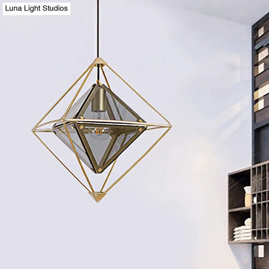 Contemporary 1-Light Pendant With Amber/Smoke Gray Glass Shade - Polygon Ceiling Lamp Black/Gold