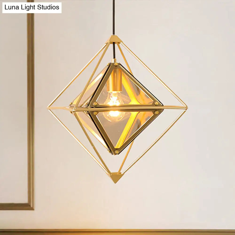 Polygon Ceiling Lamp With Amber/Smoke Glass Shade - Modern Pendant Light Black/Gold Frame