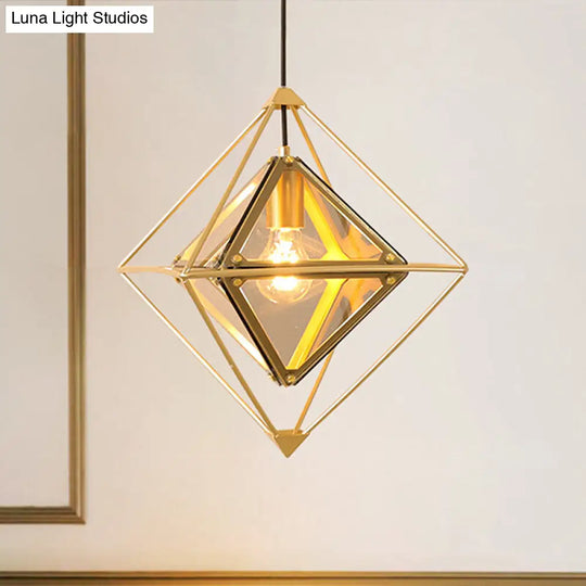 Polygon Ceiling Lamp With Amber/Smoke Glass Shade - Modern Pendant Light Black/Gold Frame