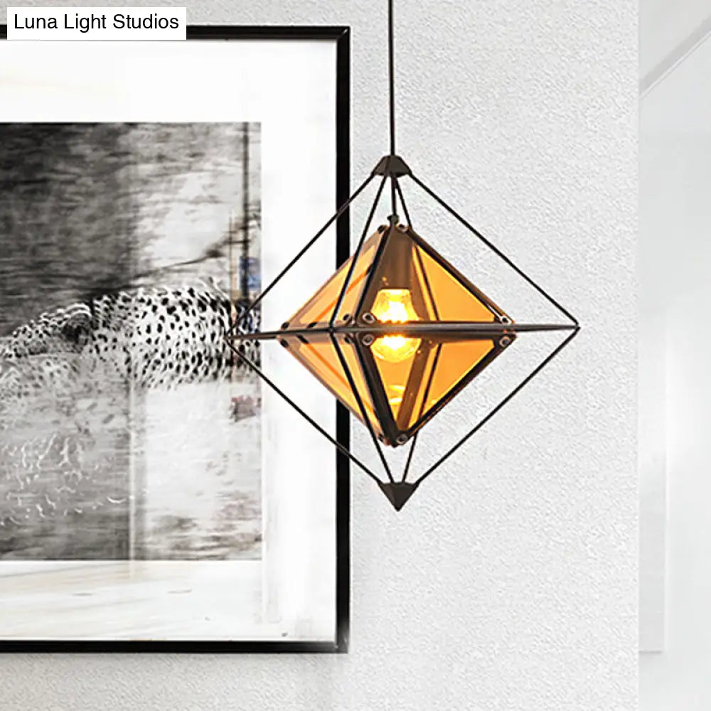 Contemporary 1-Light Pendant With Amber/Smoke Gray Glass Shade - Polygon Ceiling Lamp Black/Gold