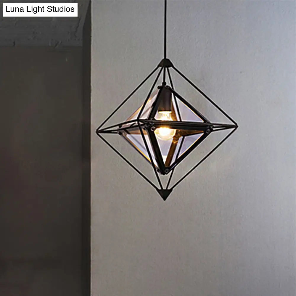 Contemporary 1-Light Pendant With Amber/Smoke Gray Glass Shade - Polygon Ceiling Lamp Black/Gold