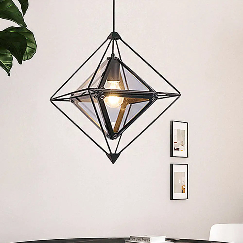 Contemporary 1-Light Pendant With Amber/Smoke Gray Glass Shade - Polygon Ceiling Lamp Black/Gold