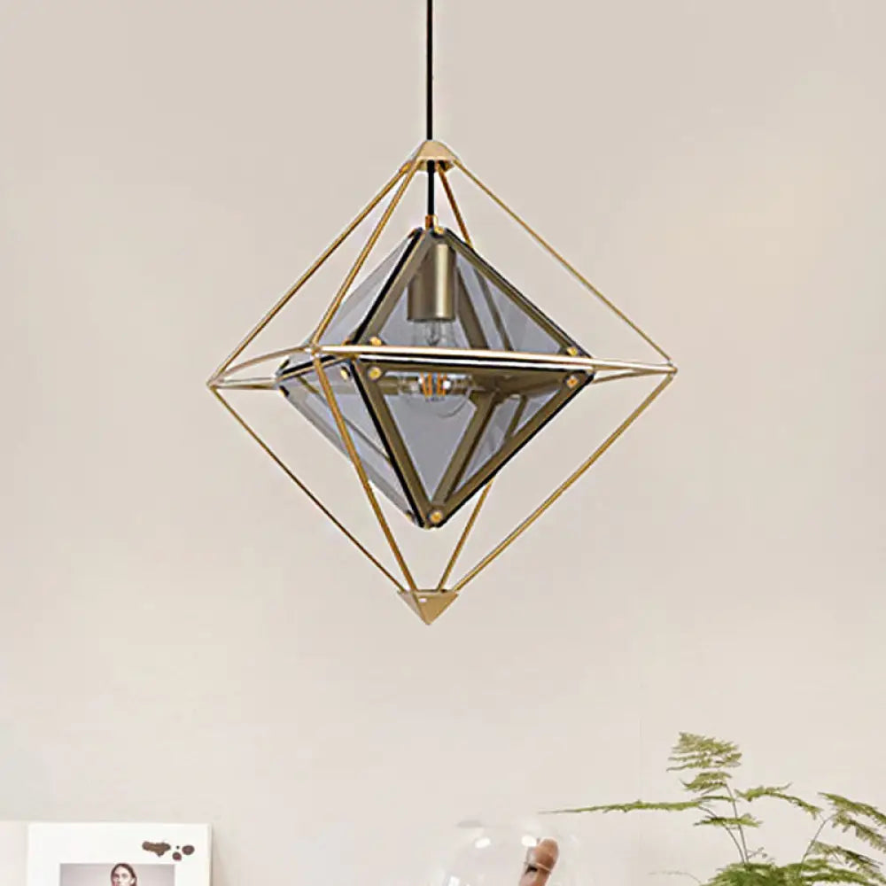 Contemporary 1-Light Pendant With Amber/Smoke Gray Glass Shade - Polygon Ceiling Lamp Black/Gold