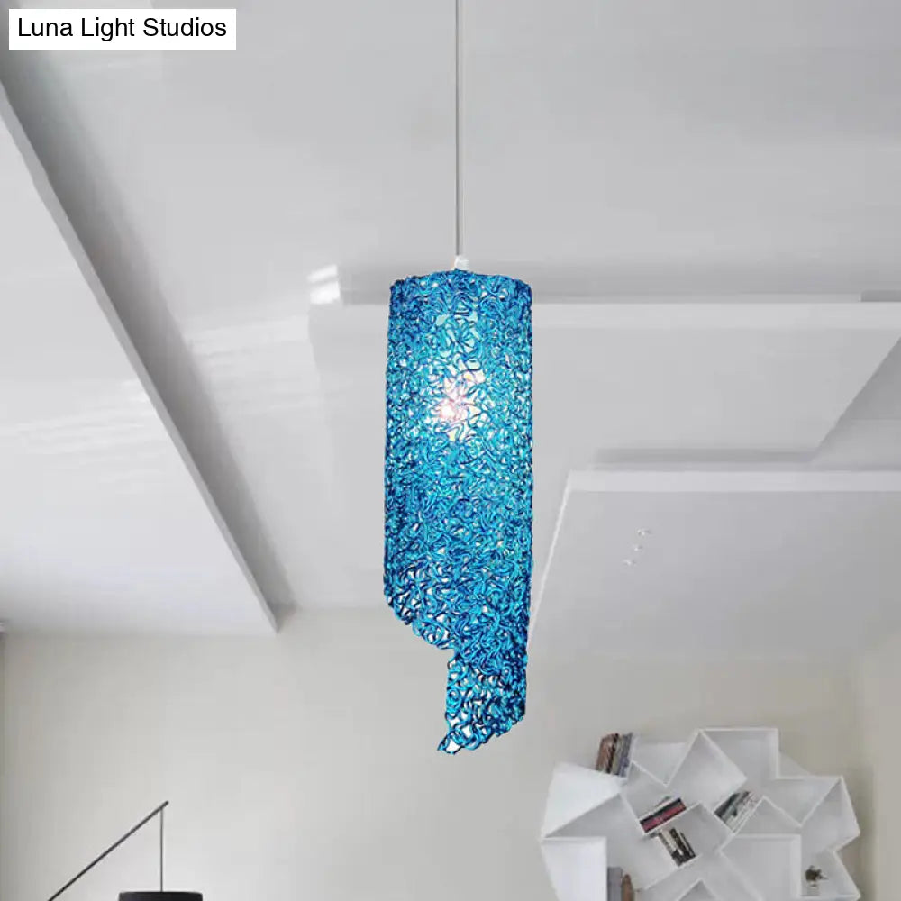 Cylinder Hanging Light With Silver Brown And Blue Finish - Contemporary Aluminum Wire Pendant