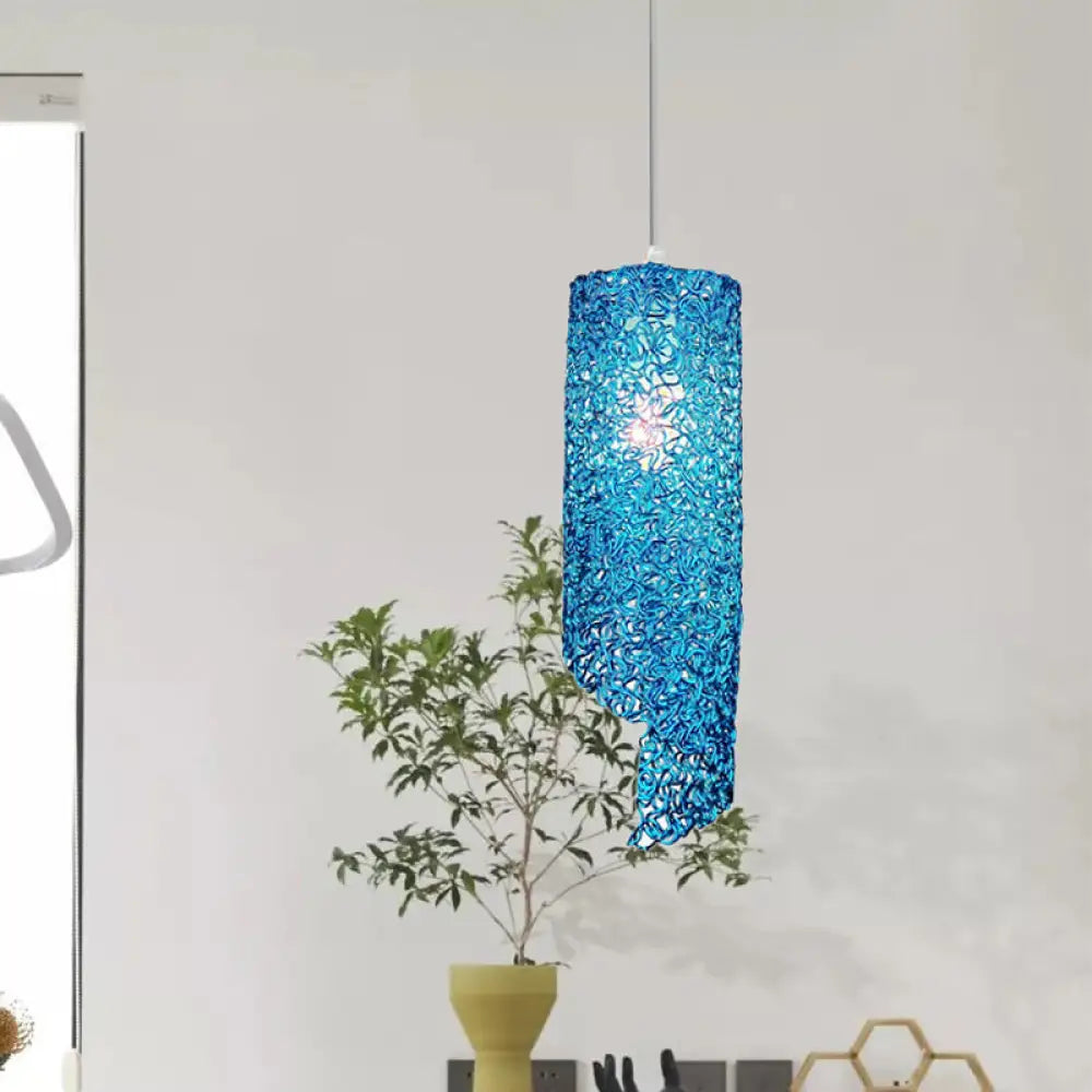 Contemporary 1-Light Silver/Brown/Blue Finish Cylinder Hanging Light: Aluminum Wire Pendant Ceiling