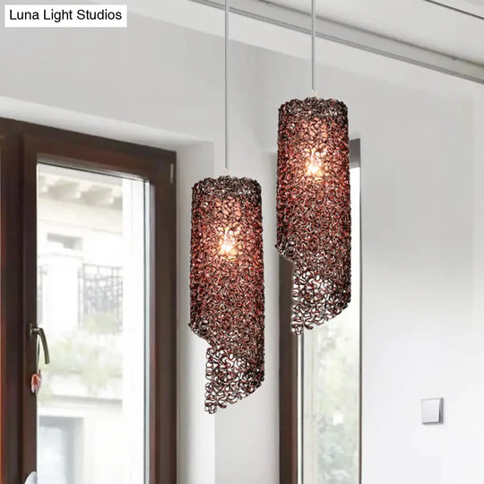 Contemporary 1-Light Silver/Brown/Blue Finish Cylinder Hanging Light: Aluminum Wire Pendant Ceiling