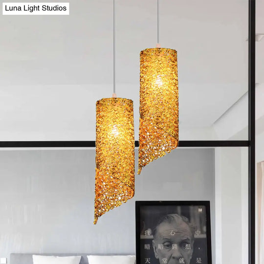 Contemporary 1-Light Silver/Brown/Blue Finish Cylinder Hanging Light: Aluminum Wire Pendant Ceiling