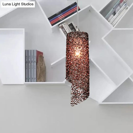 Cylinder Hanging Light With Silver Brown And Blue Finish - Contemporary Aluminum Wire Pendant