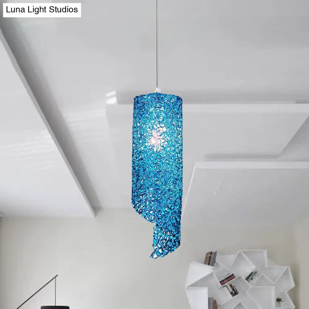 Contemporary 1-Light Silver/Brown/Blue Finish Cylinder Hanging Light: Aluminum Wire Pendant Ceiling