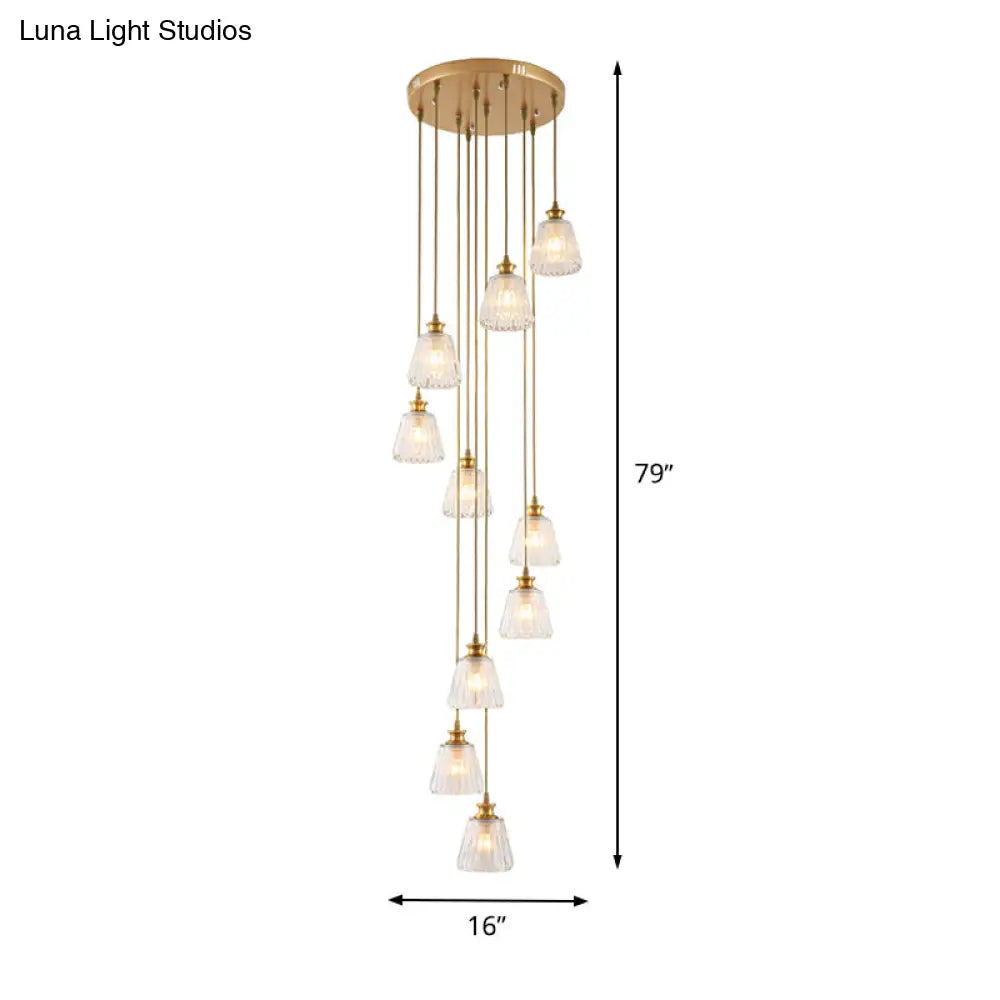 Contemporary 10-Head Crystal Gold Pendant Lamp Fixture