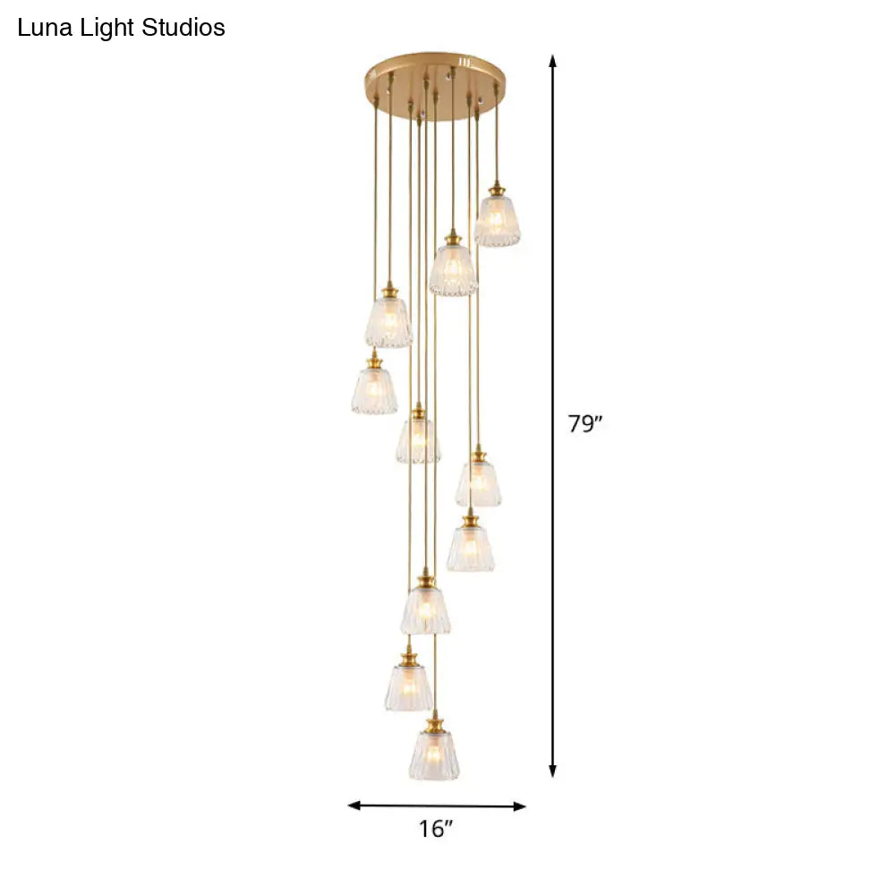 Contemporary 10-Head Crystal Gold Pendant Lamp Fixture In Cup Shape