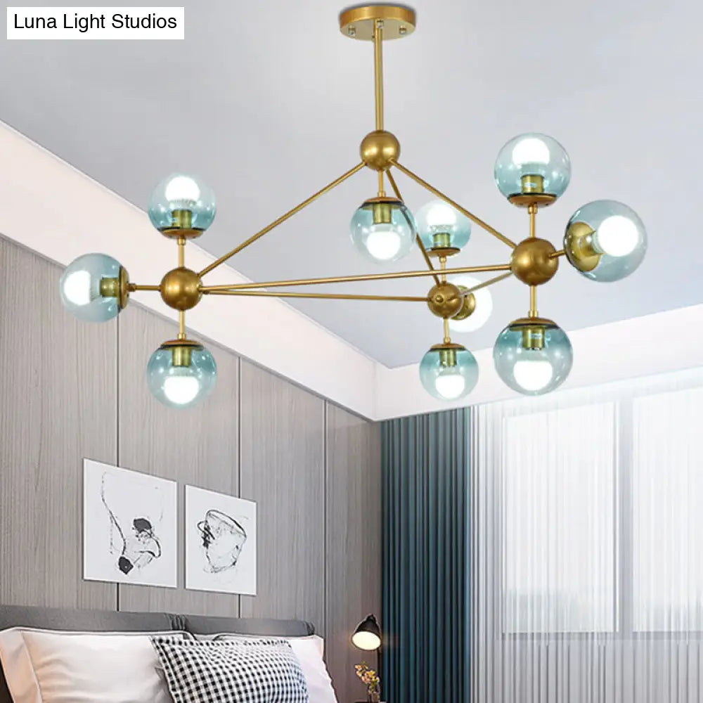 Contemporary Gold Chandelier With 10 Gradient Blue Glass Ball Lights For Bedroom